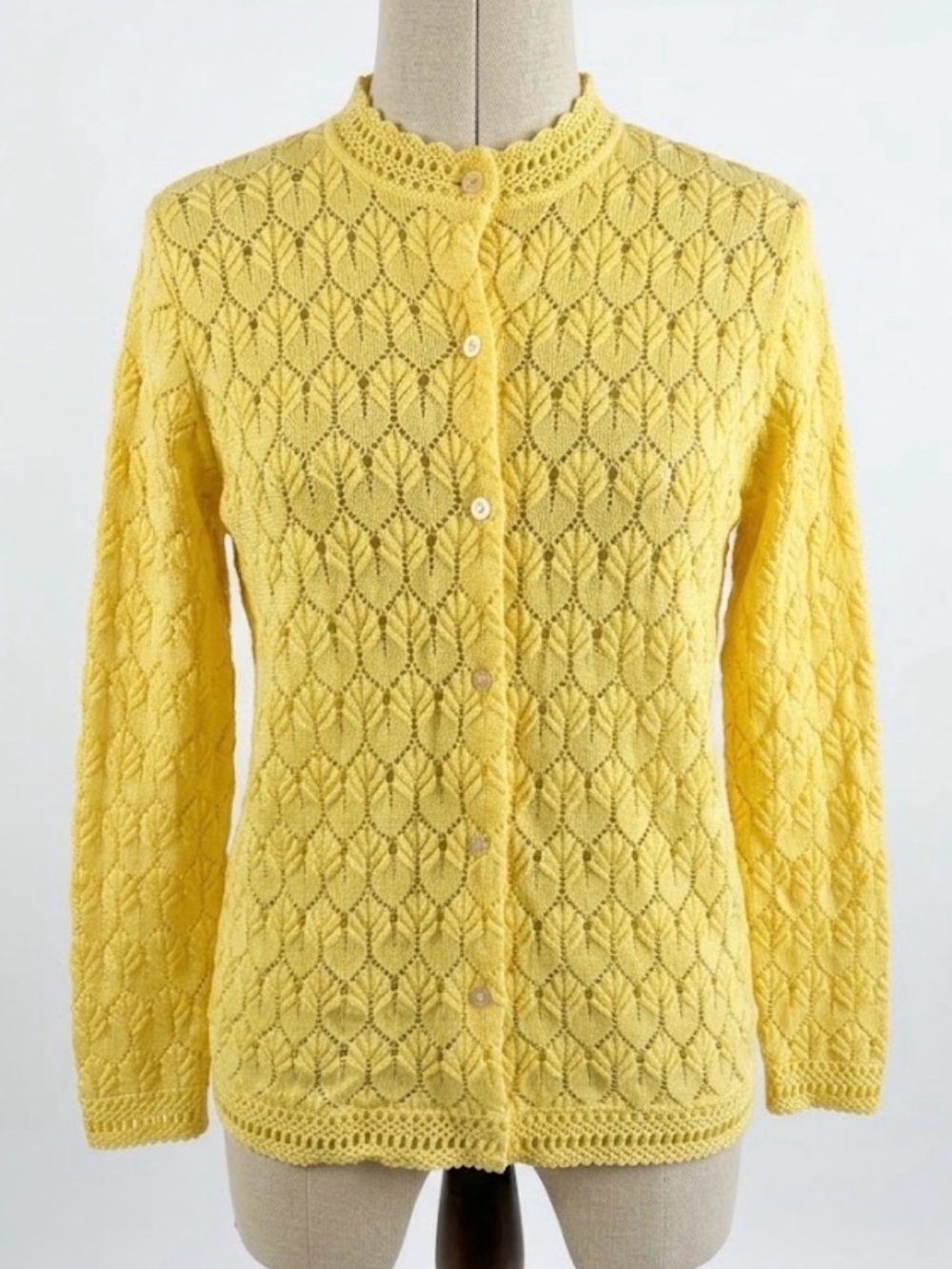 Vintage Pointelle Open Knit Yellow Cardigan Sweater Grandmacore 70s Cottagecore